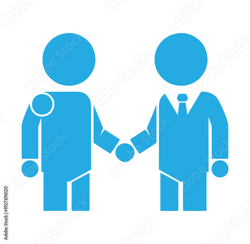blue stick figures of a man and woman shaking hands in business agreement