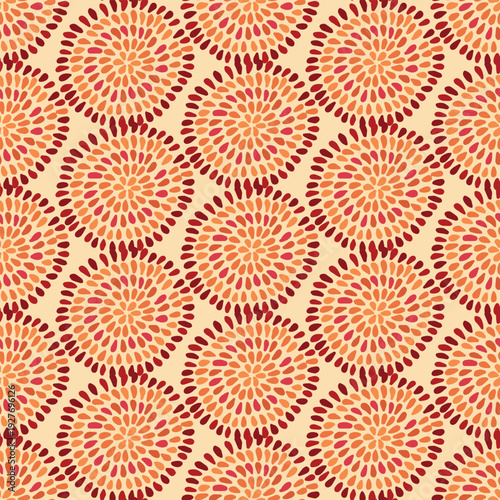 Seamless geometric floral pattern with warm orange, red and coral petals on beige background. Retro abstract ornament texture, perfect for fabric, wallpaper, wrapping paper, textile, surface design