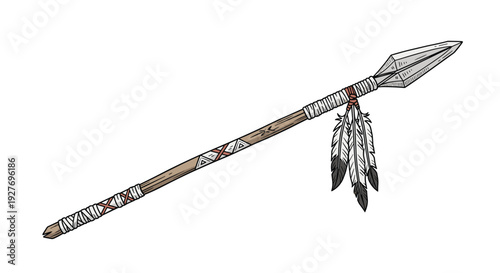 Traditional Native American spear with a stone tip and decorative feathers is shown in a detailed hand-drawn style on a plain white background.