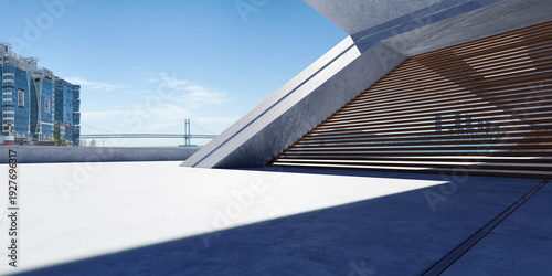 3d render concrete architecture with gwangan bridge and city skyline