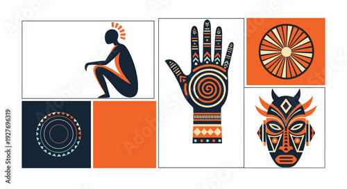 Collection of African cultural symbols includes a seated human silhouette, a decorated hand, a traditional mask, and ancient geometric patterns.