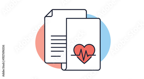 Medical records and health history concept shows two paper documents with a red heart and heartbeat rhythm line icon on a soft blue background.