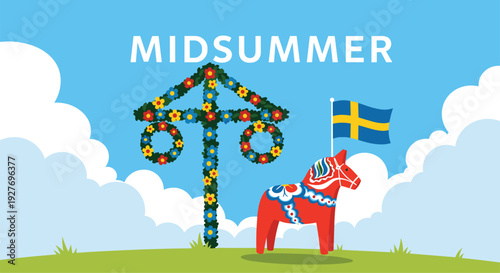Swedish Midsummer festival celebration elements include a traditional flowered maypole, a red Dala horse, and the national flag under a blue sky.