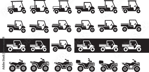 Black silhouette icons of golf carts, pickup‑style utility vehicles, and all‑terrain vehicles arranged in rows, representing transport, off‑road mobility, re.