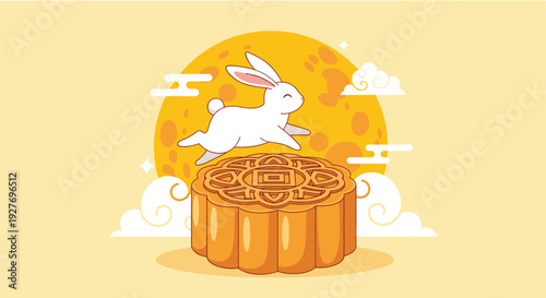 Mid-Autumn Festival greeting shows a cute white rabbit jumping over a traditional mooncake in front of a large full moon in a starry sky.