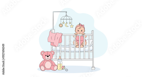 Cute baby girl stands in a white crib with a colorful mobile hanging above while a pink teddy bear and a bottle sit nearby on the floor.