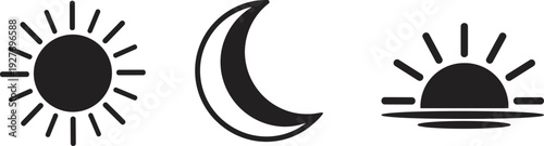 Black silhouette icons of sun, moon, and sunrise or sunset symbols arranged together, representing daytime, nighttime, weather, time concept, and minimalist vector illustration design.