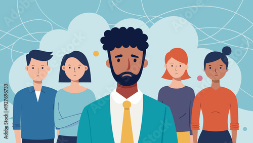 Diverse team with serious man in front representing emotional labor leadership responsibility and workplace stress concept