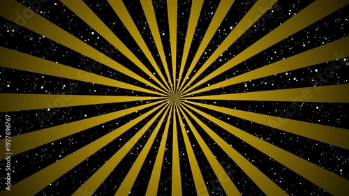 Seamless black and bright gold rotating abstract radial Sunburst with stars background loop animation.