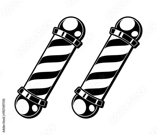 Barber pole icon vector sign illlustration design isolated. Colorful Classic Barber shop Pole signboard with a shop pole with red, blue and white stripes isolated on cream background. editable vector