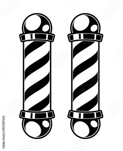 Barber pole icon vector sign illlustration design isolated. Colorful Classic Barber shop Pole signboard with a shop pole with red, blue and white stripes isolated on cream background. editable vector