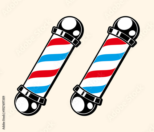 Barber pole icon vector sign illlustration design isolated. Colorful Classic Barber shop Pole signboard with a shop pole with red, blue and white stripes isolated on cream background. editable vector