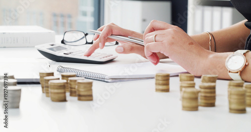 Budget, hands and coins with calculator in office for financial planning, petty cash funds and savings. Accountant, money and audit reporting at desk for wealth management, daily revenue and finance