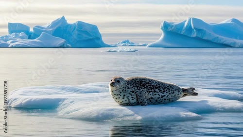 Spotted Seal Rests On Iceberg Basking In The Sun Set In Tranquil Arctic Landscape With Large Icebergs In The Background For Nature Wildlife Publications Environmental Studies