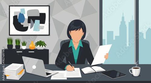Vector illustration of focused businesswoman working at cluttered desk in modern city office interior