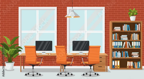 Vector illustration of shared office with twin desks brick wall windows and bookshelf