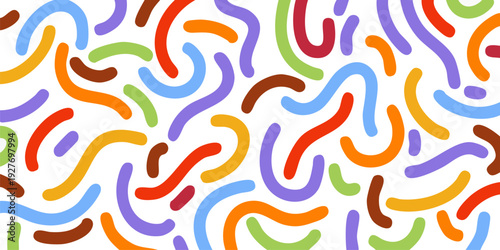 Colorful seamless abstract scribble swirl lines pattern: vibrant retro memphis style minimal doodle background