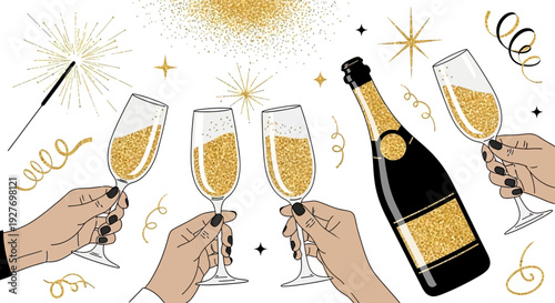 Hands holding champagne glasses and a bottle of champagne, celebrating with sparkles and confetti.
