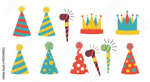 A collection of colorful party hats, crowns, and noisemakers arranged in a grid on a white background.