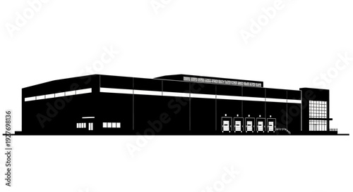Industrial warehouse silhouette against white background architectural illustration