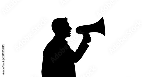 Person silhouette holding megaphone announcing isolated