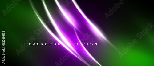Abstract neon lines over dark green, purple gradients. Modern background design with text overlay. Dramatic lighting effects present.
