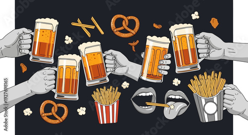 Hands holding mugs of beer and snacks like french fries and pretzels, with open mouths and tongues, on a dark background.