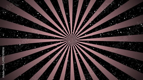 Seamless black and mauve pink rotating abstract radial Sunburst with stars background loop animation.
