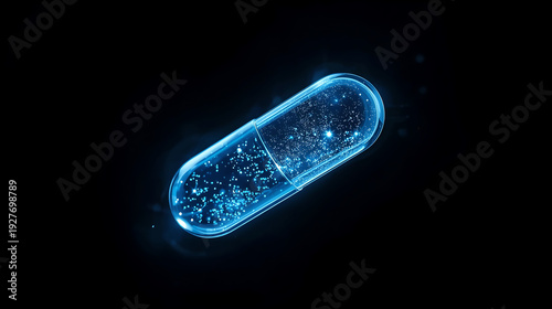 Glowing blue pharmaceutical capsule pill with digital particles representing biotechnology and advanced medical drug research.