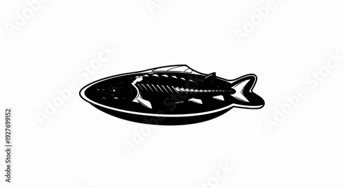 Stylized illustration of a fish on a plate in black and white