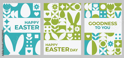 Modern geometric Easter set with bunny, egg and floral shapes in fresh green and turquoise palette. Minimal seasonal designs perfect for branding, social media, print, packaging and promotions.