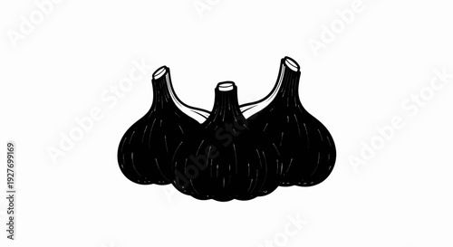 Trio of black garlic bulbs with stylized stems and textured bulbs