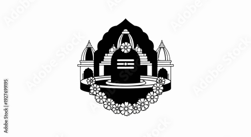 Black and white illustration of a religious shrine with tiered levels and floral garland