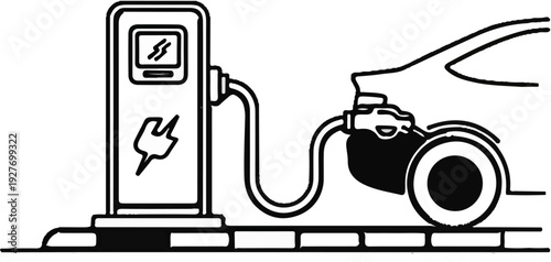 Electric vehicle charging station connected to a car