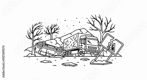 A car lies overturned next to a large truck at a damaged road sign