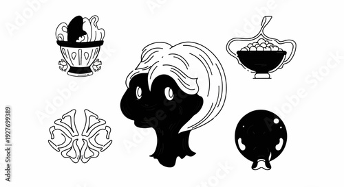 Stylized black and white graphics of a head, bowls, and abstract shapes