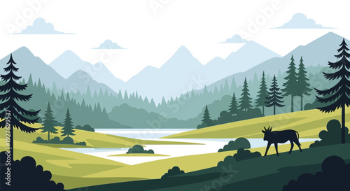 Serene mountain landscape with moose and lake.