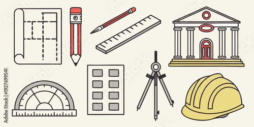 A collection of architectural and construction tools and symbols Vector