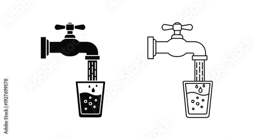 Two black and white icons depicting water taps filling glasses