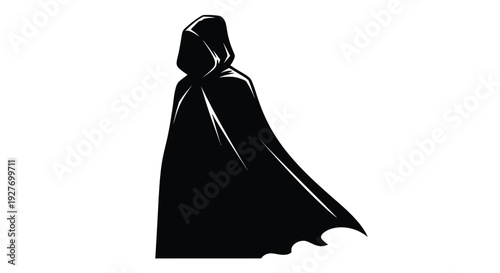 Silhouetted figure wearing a hooded cloak depicted in a stark style
