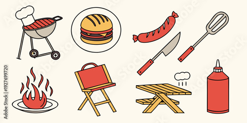 A vibrant illustration of various barbecue tools and grilling essentials Vector