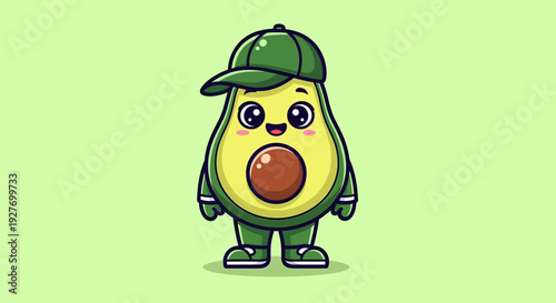 Cartoon Avocado Character Wearing Baseball Cap and Holding a Pit.