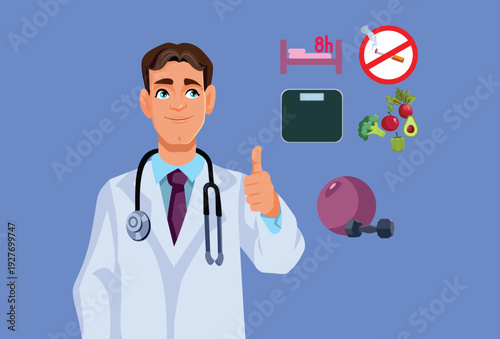 doctor Recommends a Healthy Lifestyle Vector Illustration.  Male Physician Endorsing Wellness and Healthy Habits Vector 
