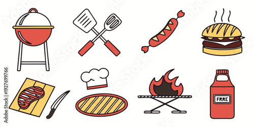 Assorted barbecue and grilling items with food illustrations Vector