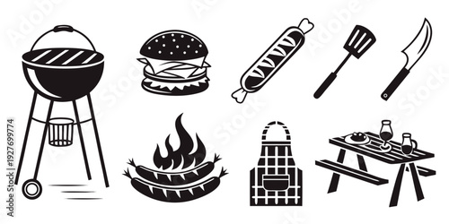 A variety of grills, tools, and cooking equipment for outdoor cooking Vector