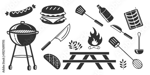 An assortment of barbecue tools and grilling essentials ready for outdoor cooking. Vector