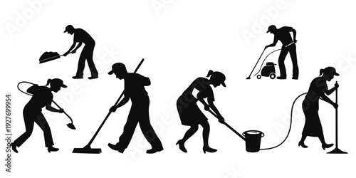 Silhouettes of people engaged in various gardening activities Vector