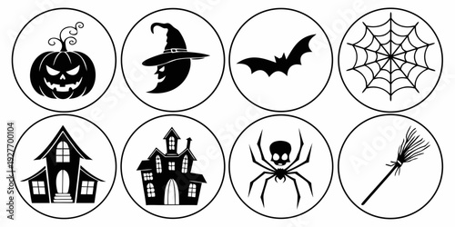 Halloween-themed icons featuring various spooky symbols and creatures Vector