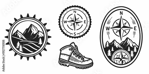 Four distinct logos featuring a gear, a shield, a shoe, and a compass Vector