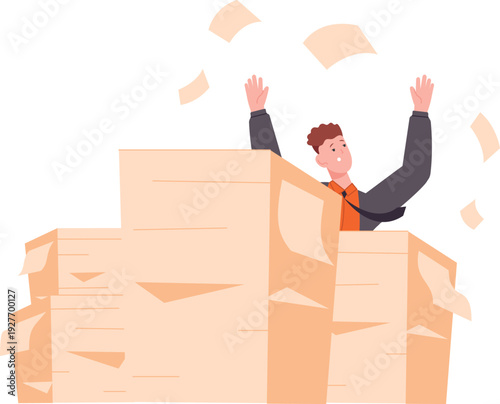 Employee drowning in paperwork. Exhausted office worker in paper pile